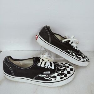 Vans Authentic Black White Checker Flame Sneakers, 7(M) 8.5(W)